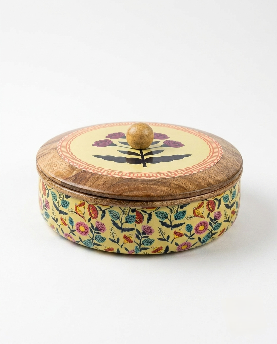 Pure Mango Wood, Chapati Box with Floral Design.