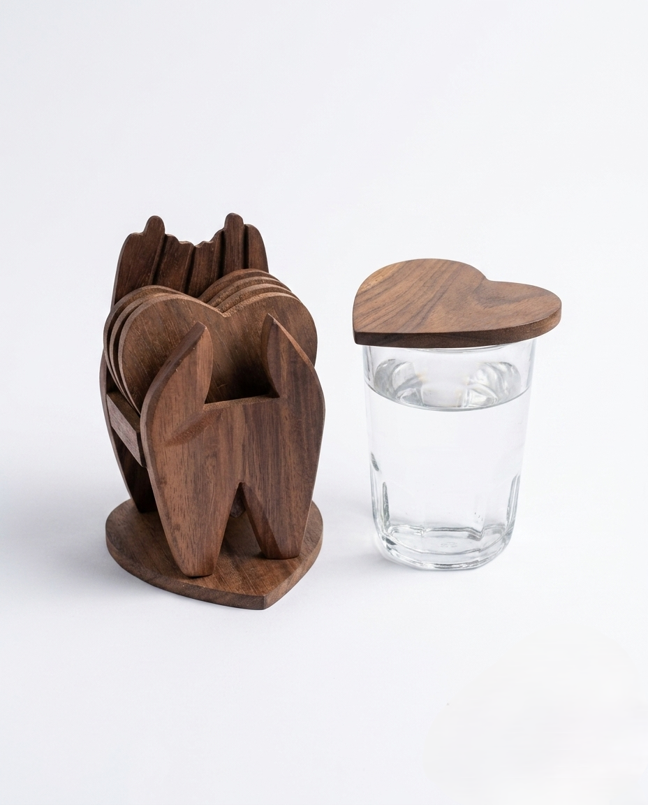 Heart-Shaped Wood Coaster Set with 6 Coasters